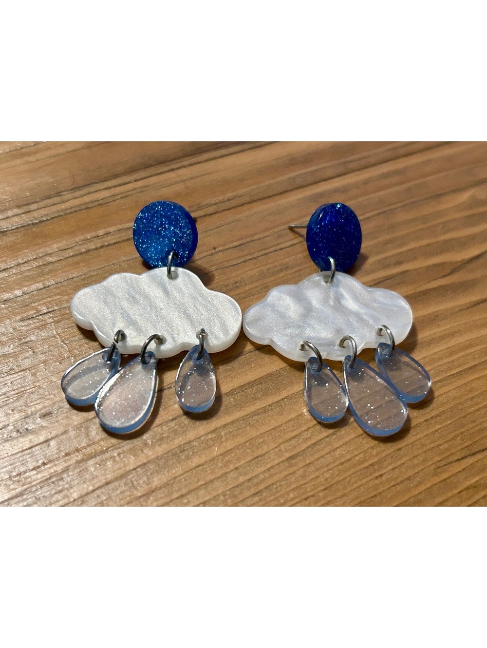 Handmade Cloud and Raindrop Dangle Earrings in Blue and White